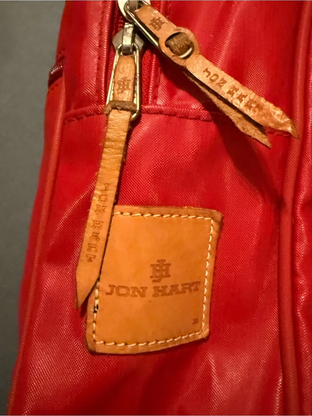 USED JON HART Red Nylon Backpack with Tan Leather Trim